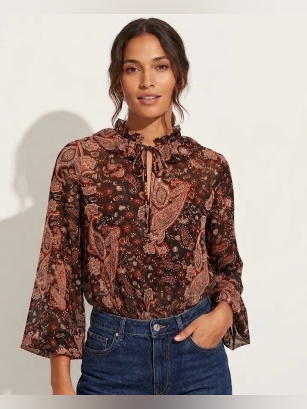 Zara Brown Paisley Ruffle Tie-Neck Blouse size M